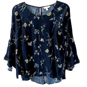 LC Lauren Conrad Black Floral Top With Bell Sleeves Size Small